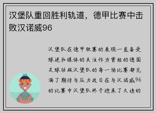 汉堡队重回胜利轨道，德甲比赛中击败汉诺威96