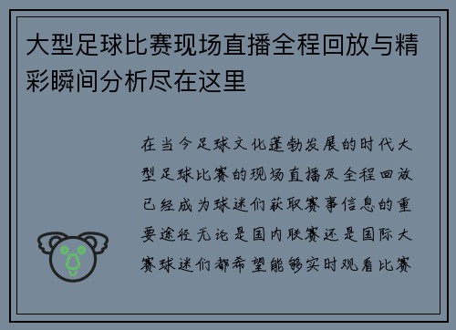 大型足球比赛现场直播全程回放与精彩瞬间分析尽在这里